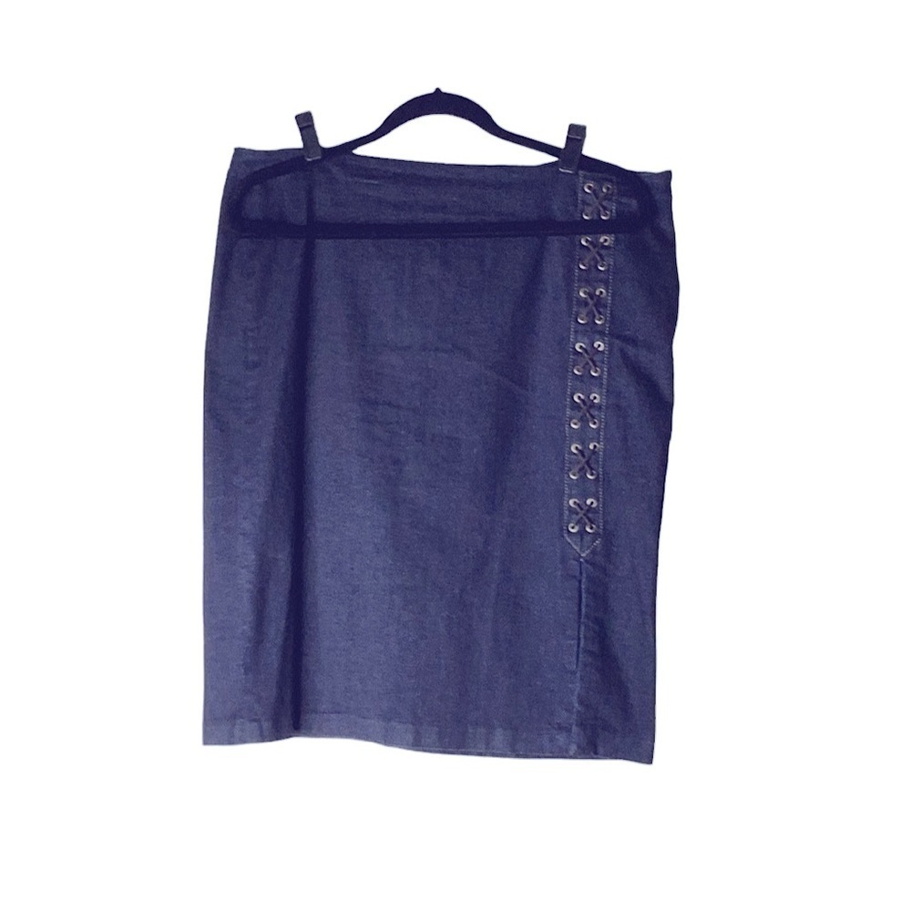 Ralph Lauren Indigo  Stretch Denim Knee Length Skirt, Crisscross Accent Design